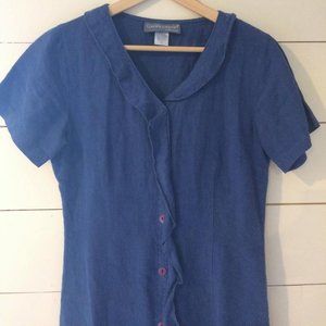 Vintage Linen Short Sleeve Blue S/M Dress